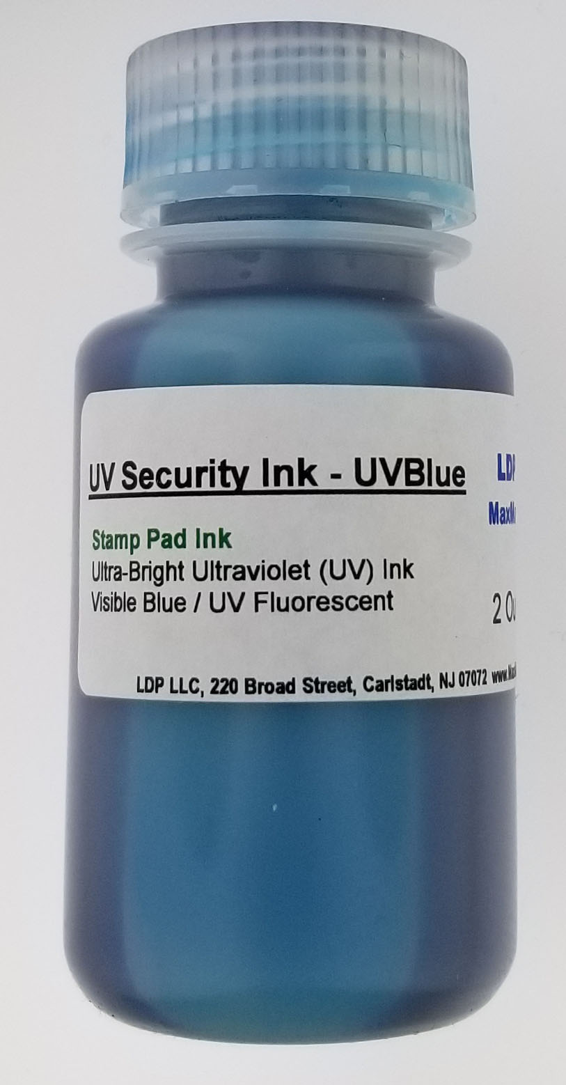 UVBlueSecurityInk2OZStampPad: 2 Ounces Visible Blue / UV Fluorescent Alcohol Based Ultraviolet (UV) Ink For Stamp Pad